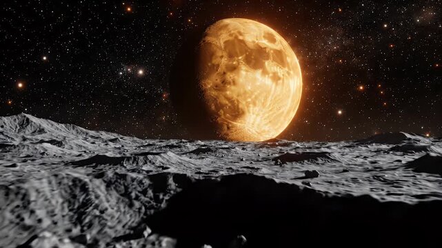 Ethereal Orange Moon Over Rocky Lunar Surface - A surreal view from a desolate lunar landscape, where jagged terrain stretches towards a colossal, glowing orange moon dominating the starry night sky.