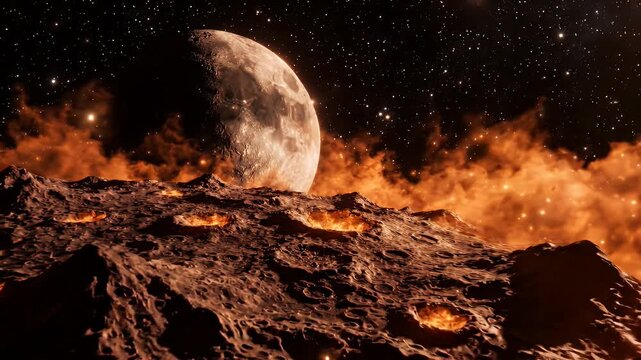 Mysterious Halloween Moon in Fiery Deep Space - A large, textured moon looms over a desolate, cratered surface that glows with molten orange light.