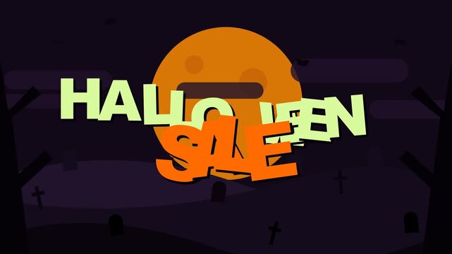 Animated halloween sale text over spooky cemetery landscape with moon
