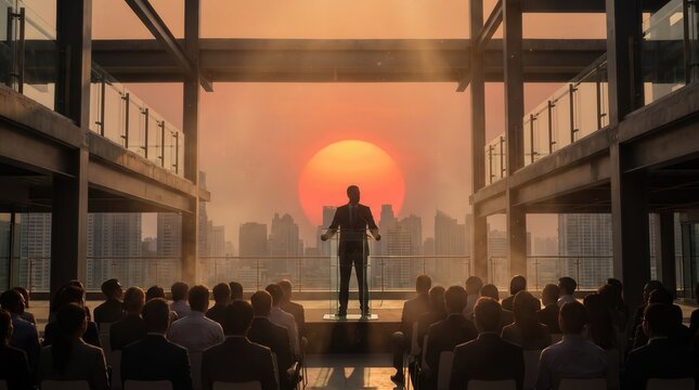 Businessman giving keynote speech at sunset rooftop summit with city skyline backdrop, representing visionary leadership and corporate success for business conference marketing design.