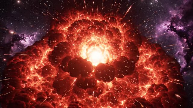 Fiery Supernova Explosion in Deep Space - A dramatic, red-orange supernova violently erupts, illuminating the dark cosmos with intense light and scattered debris.