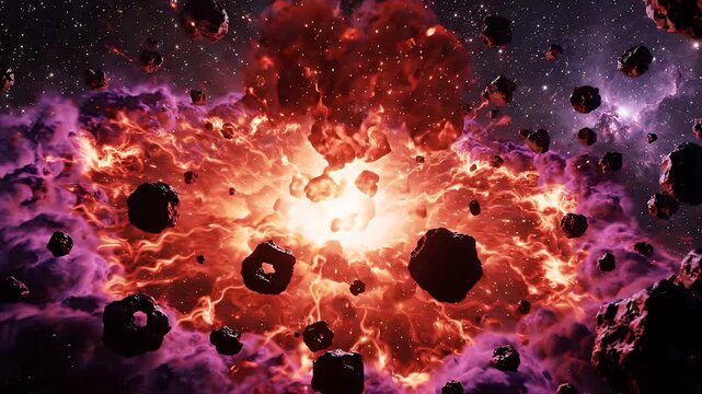 Cosmic Supernova Explosion with Asteroids - A dramatic red and orange supernova erupts in the vastness of space, surrounded by numerous asteroids drifting in the cosmic dust.