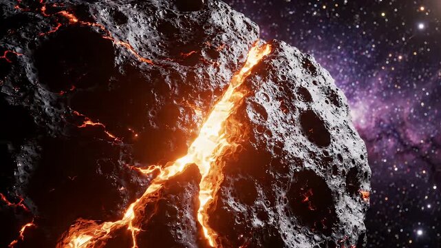 Fractured Asteroid in Deep Space with Molten Core - A large, fractured asteroid drifts through the vast expanse of deep space, revealing a glowing molten core within its cracks.