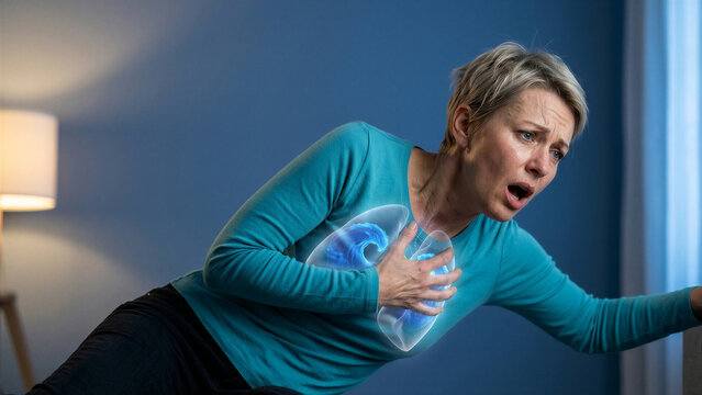 Woman experiencing sudden chest pain with digital medical visualization of lungs. Concept of respiratory distress, breathing difficulty or asthma attack