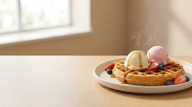 Belgian Waffle with Vanilla and Strawberry Ice Cream