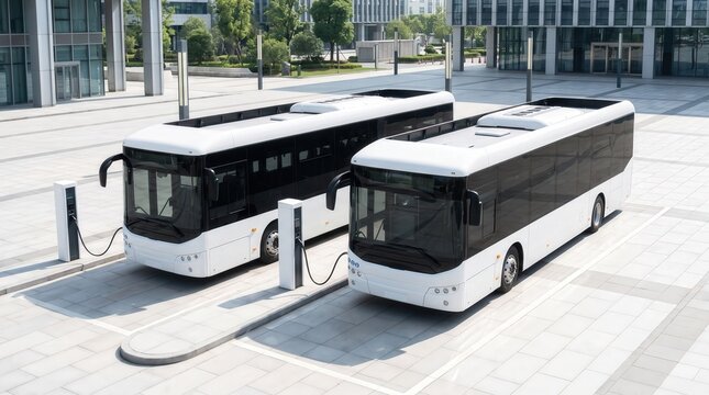 Two white electric buses charging at EV stations in a modern city plaza, representing clean energy and sustainable urban mobility for green technology and smart city infrastructure marketing.