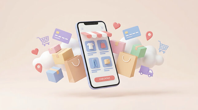 Abstract 3d mobile shopping concept with floating smartphone showing retail interface surrounded by colorful gift boxes shopping bags and icons.