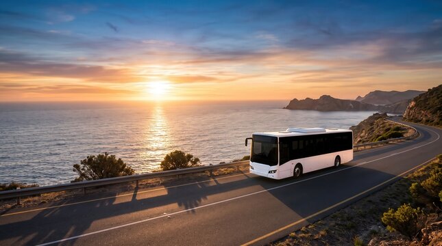 White tour bus driving on a winding coastal road overlooking the ocean, capturing a scenic sunset travel experience for tourism marketing and vacation charter services.