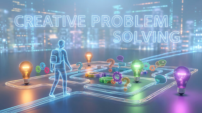 Creative problem solving conceptual illustration featuring luminous human silhouette exploring neon maze pathway with glowing lightbulbs and inquiry icons.