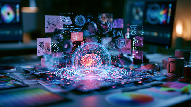 Holographic Digital Brain Projector Displaying Creative Media on Office Desk   