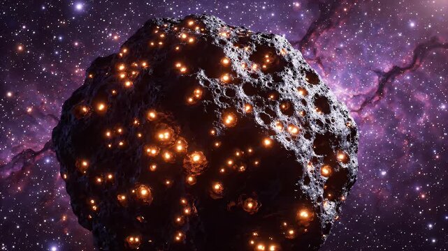 Glowing Asteroid in Nebula - A large, dark, irregularly shaped asteroid is illuminated by hundreds of tiny, glowing orange lights embedded across its surface.