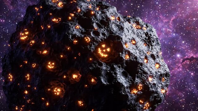 Halloween Asteroid in Space Nebula - A dark asteroid with hundreds of tiny glowing orange lights embedded across its surface, resembling carved pumpkins in space.