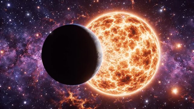 Dark Planet Eclipsing Fiery Orange Star in Nebula - A dark planet is shown slowly passing across the surface of a massive, glowing orange star.