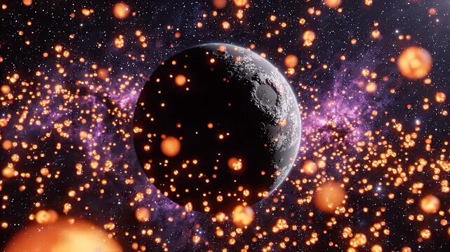 Dark Planet Surrounded by Glowing Particles in Nebula - A dark, cratered planet is seen in the center of the frame, surrounded by hundreds of tiny, bright orange glowing particles.
