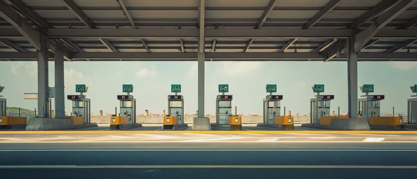 Modern toll booths in a busy transport station.