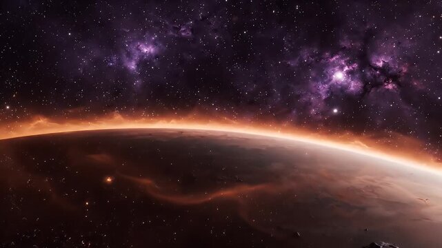 Alien Planet With Glowing Atmosphere in Nebula - A detailed view of a dark, rocky alien planet from orbit, its surface dotted with faint lights.