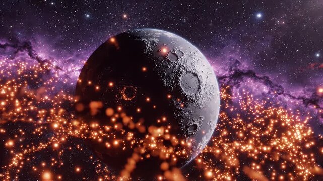 Cosmic Moon Amidst Glowing Nebula and Stellar Particles - A detailed view of a cratered moon against a backdrop of a vibrant purple nebula and a field of countless tiny, glowing orange particles.