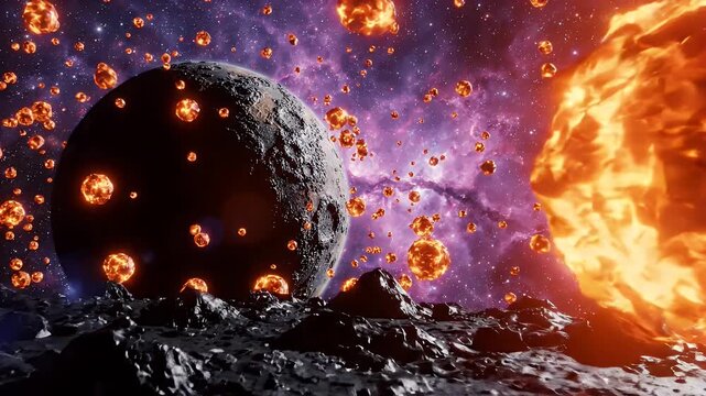 Dark Planet and Fiery Fragments in Nebula - A barren, dark rocky planet is surrounded by a vast expanse of space filled with glowing orange energy fragments.