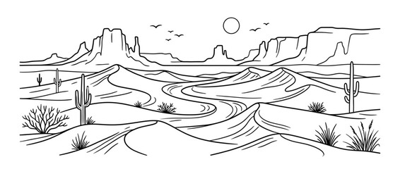 Fototapeta premium Minimalist Desert Landscape Line Art with Cacti and Mesas