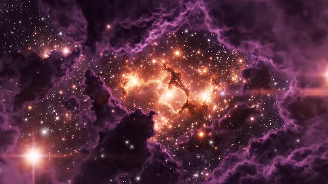 Glowing Nebula with Orange Stars in Cosmic Clouds - A vibrant nebula filled with glowing orange stars, set against a backdrop of dark violet cosmic clouds.