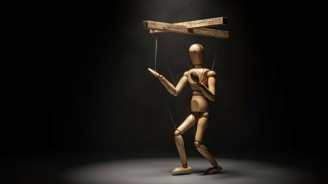 Wooden mannequin controlled by strings marionette puppet manipulation concept.