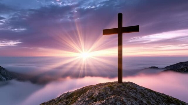 A solitary Christian cross stands silhouetted against a breathtaking sunrise, its rays piercing through clouds above a sea of mist. ..Created with Generative AI, not depicting real subjects.