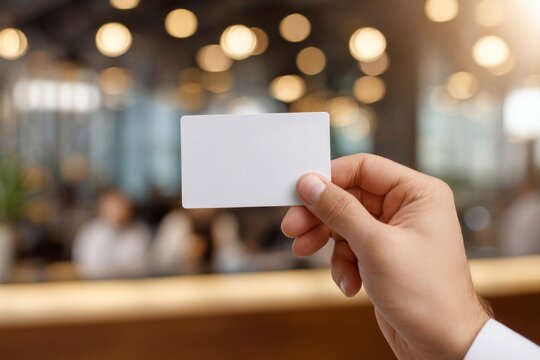 hotel check in. Businessman presenting blank card at hotel reception with staff members. hotel check-in moment