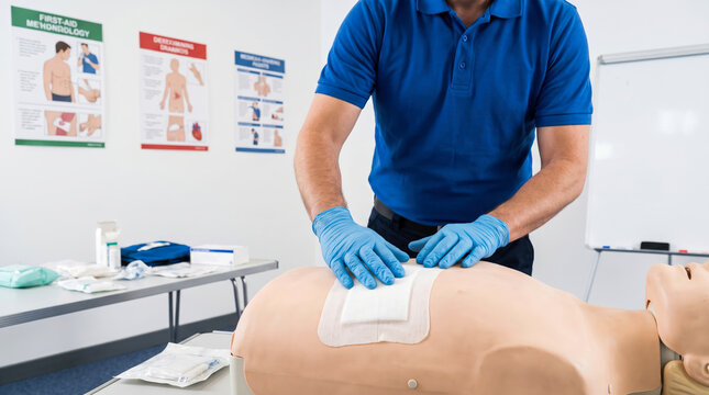 Person practicing first aid wound dressing on medical training mannequin in classroom