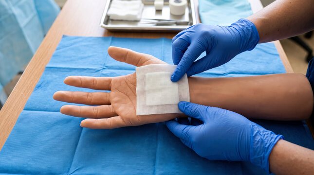 Medical professional applying gauze bandage to patient hand in clinical examination room setting
