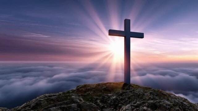 A solitary cross stands as a beacon of faith atop a rocky summit, silhouetted against a breathtaking sunrise bursting with divine light. ..Created with Generative AI, not depicting real subjects.
