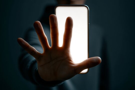 Generation Z. Person holding smartphone with blank screen in front of their face, illuminated by soft light against a dark background. AI autonomy concept