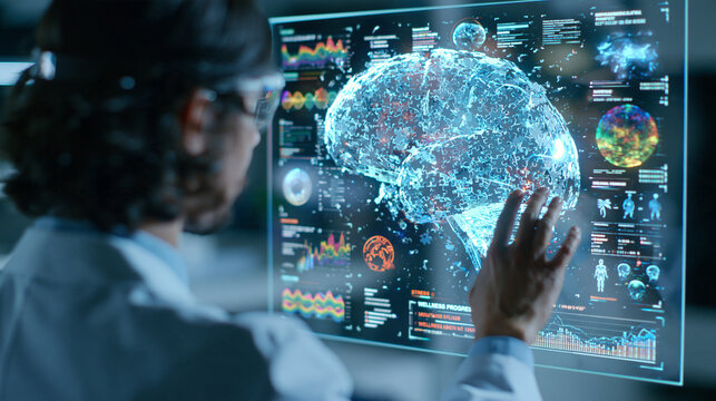 Female Scientist Analyzing Medical Digital Holographic Brain Interface in Laboratory