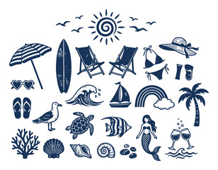 Obraz premium Vintage nautical summer icons set, hand drawn beach vacation vector elements, navy blue sea life and tropical holiday illustrations