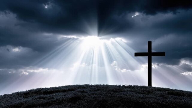 A dark, dramatic sky with radiant sunbeams breaking through the clouds illuminates a solitary cross silhouetted against the light. ..Created with Generative AI, not depicting real subjects.