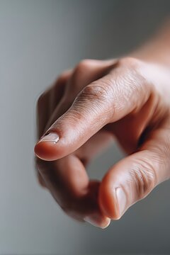 Close-up of a human hand with well-groomed fingers and natural nails reaching out against a soft, blurred background