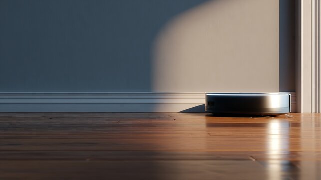 Robotic vacuum cleaner positioned in the corner of a room with wooden flooring and soft natural light illuminating the wall and floor. invisible AI lifestyle concept