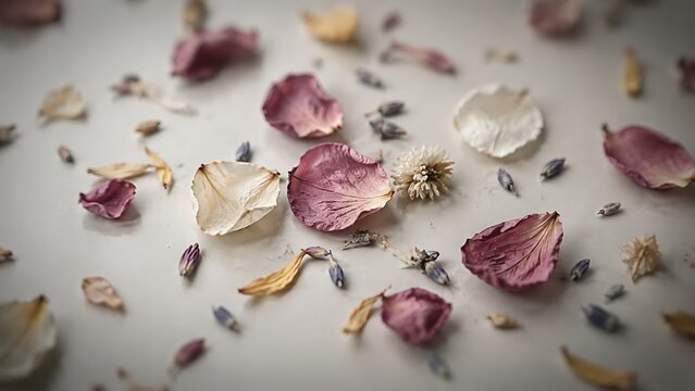 Scattered pink and white rose petals along with dried lavender buds create a delicate and romantic floral background.