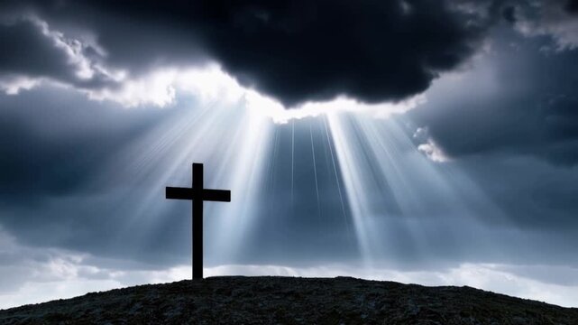 A stark wooden cross stands silhouetted against a dramatic sky, with powerful sunbeams piercing through heavy, dark clouds. ..Created with Generative AI, not depicting real subjects.