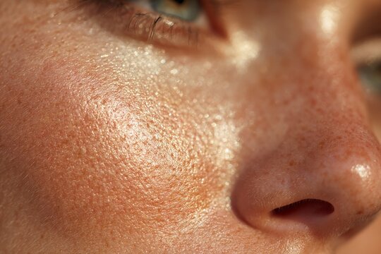 Summer time. Close-up of a young woman's face highlighting freckles and glowing skin texture under natural light. summer vibes light concept