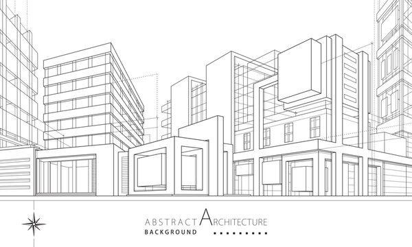 3D illustration Urban architectural outline of imaginative building design and construction.
