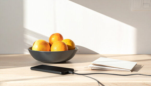Kitchen island edge with cable running from wall socket to face down phone beside fruit bowl and stack of blank envelopes in soft morning generative AI