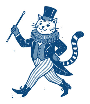 Vintage magician cat vector illustration, whimsical feline circus performer in top hat, retro blue linocut style animal character