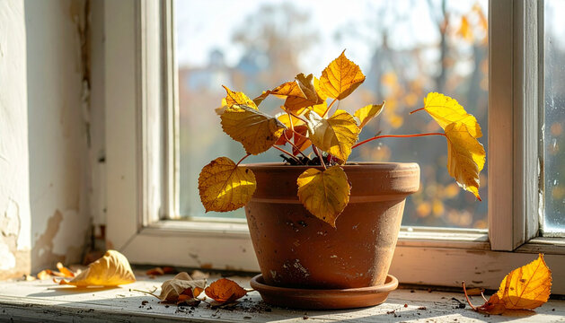 Neglected houseplant in terracotta pot on windowsill with yellow drooping leaves and scattered fallen dry leaves in soft afternoon light generative AI
