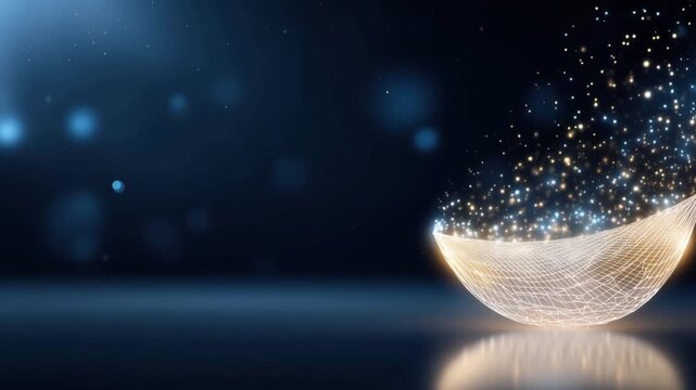 A luminous golden sphere, seemingly made of light and wire, rests on a reflective surface. ..Created with Generative AI, not depicting real subjects.