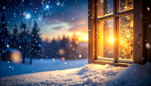 Magical winter holiday scene viewed through a rustic wooden window with falling snow and warm glowing light overlooking a serene snowy pine forest at sunset.