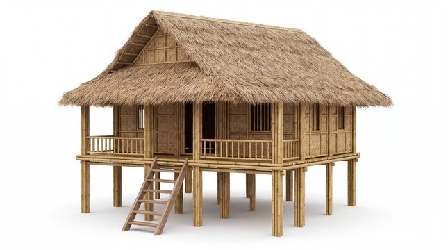 Traditional Bamboo Stilt House Isolated on White Background Representing Rustic Architecture and Sustainable Tropical Living