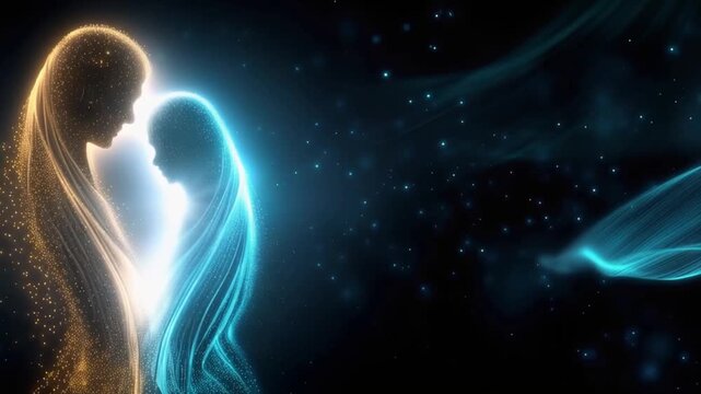 Two ethereal figures, one radiating warmth and light and the other cool, serene energy. ..Created with Generative AI, not depicting real subjects.
