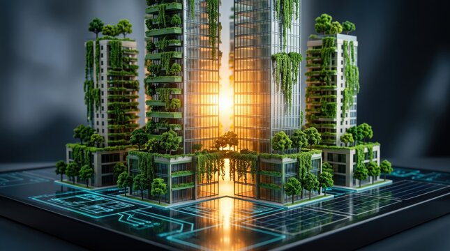 Architectural model of green skyscrapers with vertical gardens and hanging vines on a glowing digital circuit board base with warm interior lighting and dark background