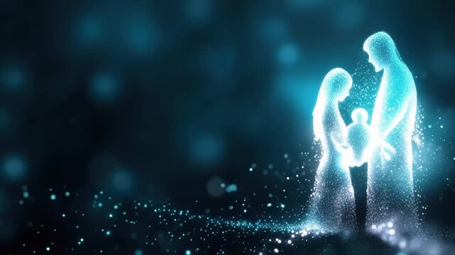 A luminous silhouette of a family, composed of glowing particles and light, embraces each other in a magical. ..Created with Generative AI, not depicting real subjects.