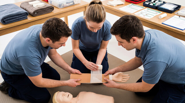 Three trainees collaborate to apply a splint and gauze bandage onto a mannequin arm during training.